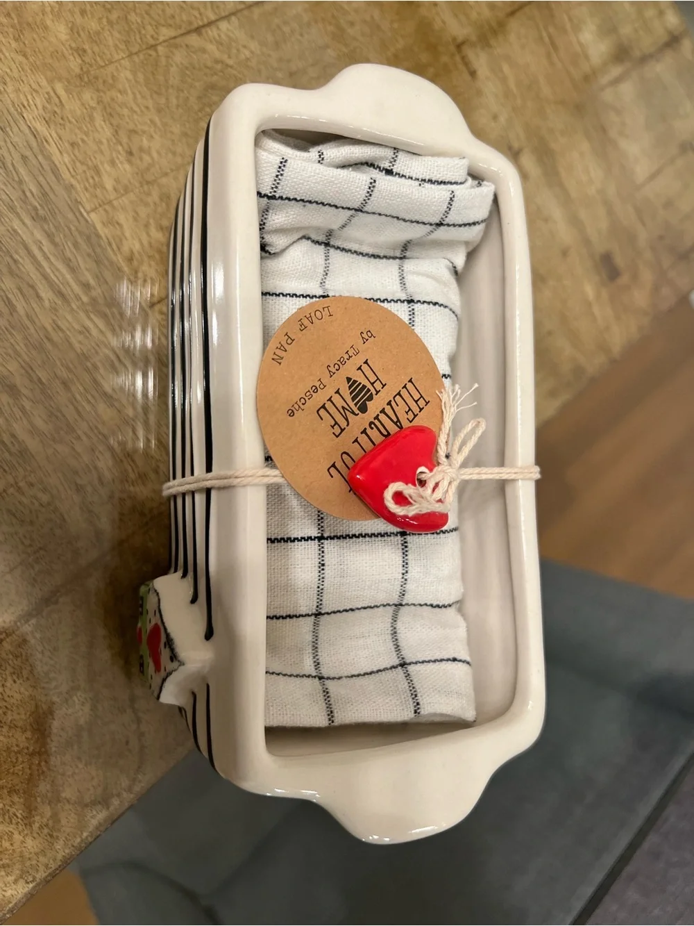 Demdaco Striped Ceramic Loaf Pan with Heart House Accent
